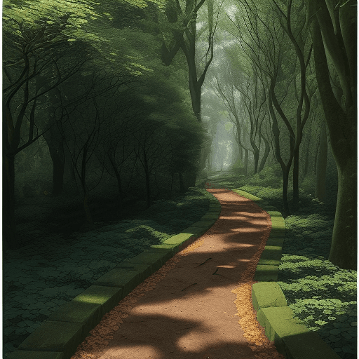 AI generated: The image shows a narrow pathway in the middle of a dense forest.The pathway is made of stone and is...
