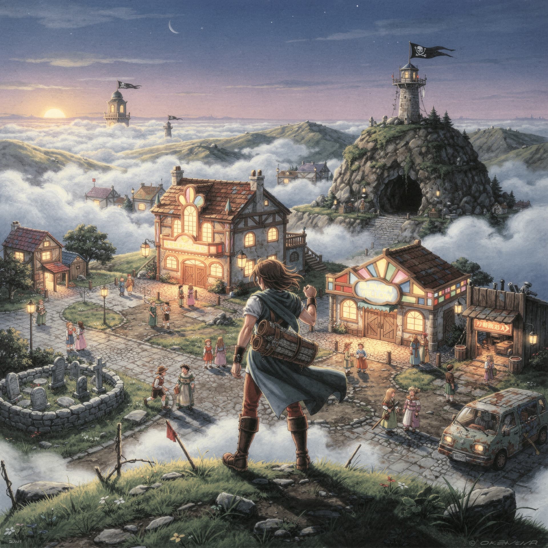 AI generated: Japanese 1990s RPG box art illustration, Konami-style hand-painted airbrush art, romantic compositio...