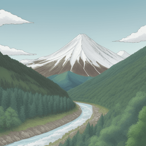 AI generated: Mountain with white cloud flow in the middle, green trees on the mountain. Bottom a river pass by. B...