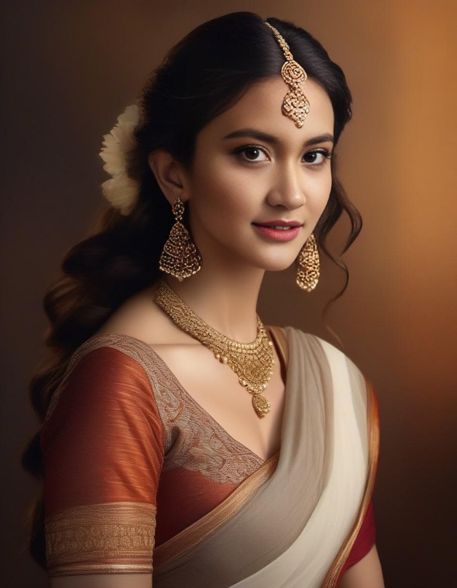 AI generated: Stunning portrait of Indian woman wearing a sari, side angle, beautiful highly detailed face, in the...