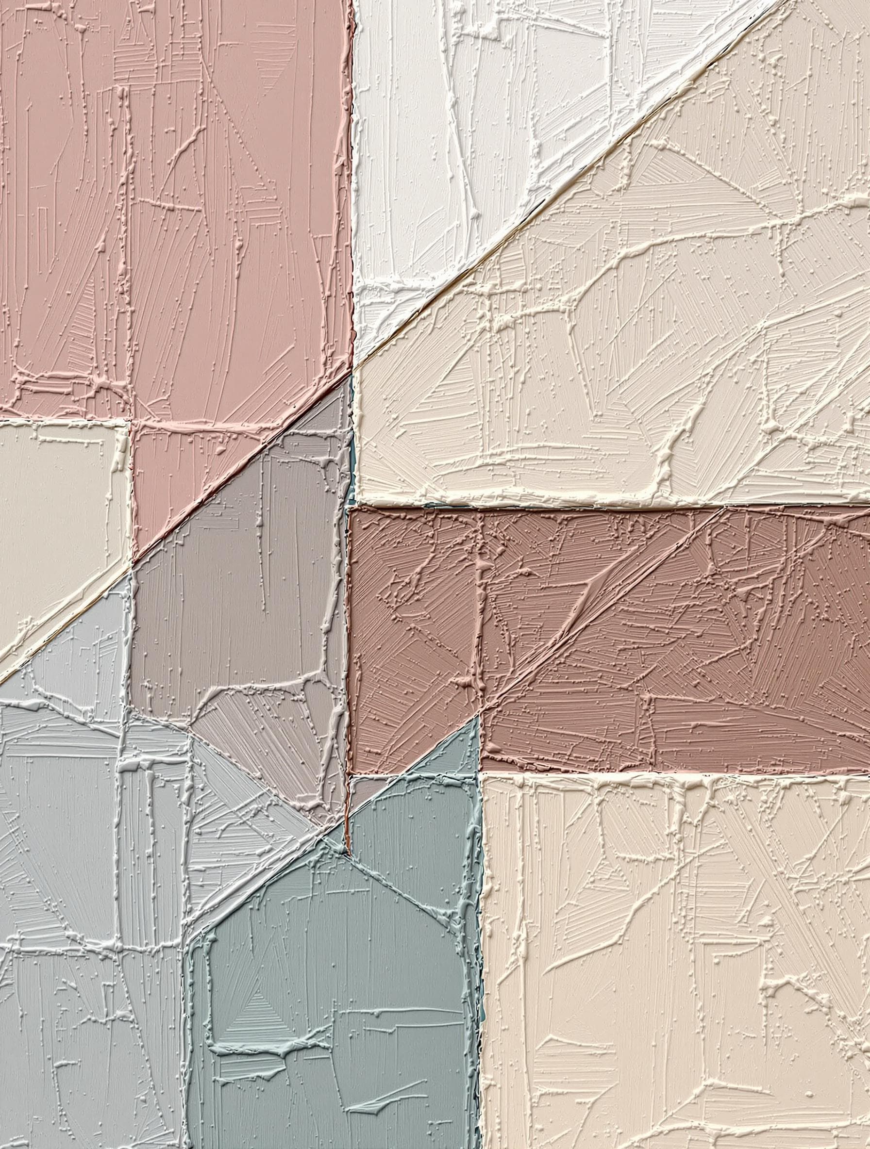 AI generated: Thick oil impasto geometric composition::3 in desaturated mauve, sand beige and misty teal::4, visib...