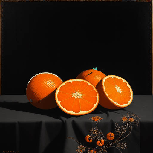 AI generated: A painting of three oranges on a embroidered tablecloth, with a black background, in the style of a ...
