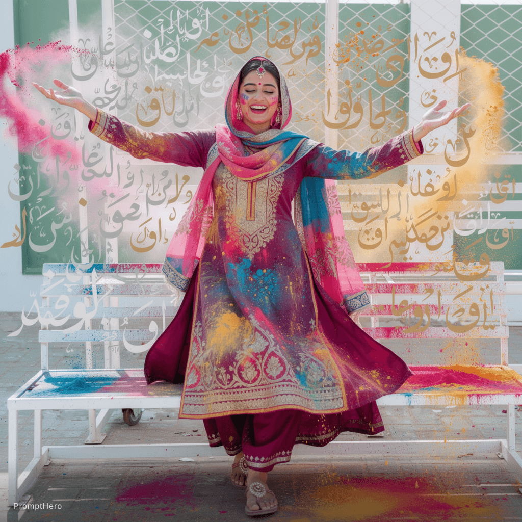 AI generated: holi images with a beautiful Punjabi woman dancing around in colored paints, in the style of light g...