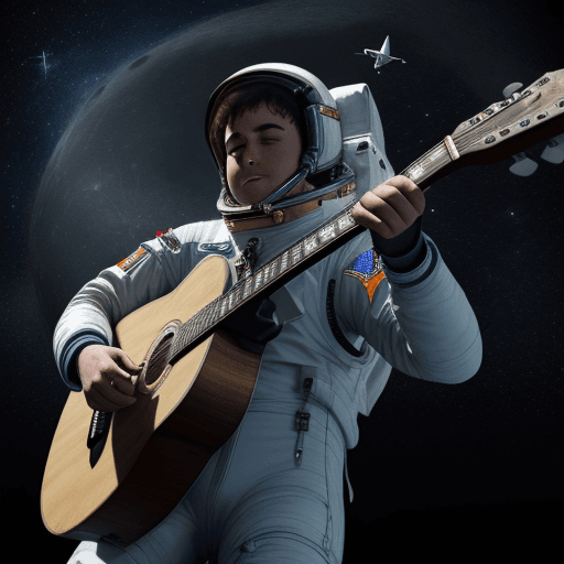 AI generated: un astronauta tocando la guitarra en la luna, rodeado de objetos volando, 4k
