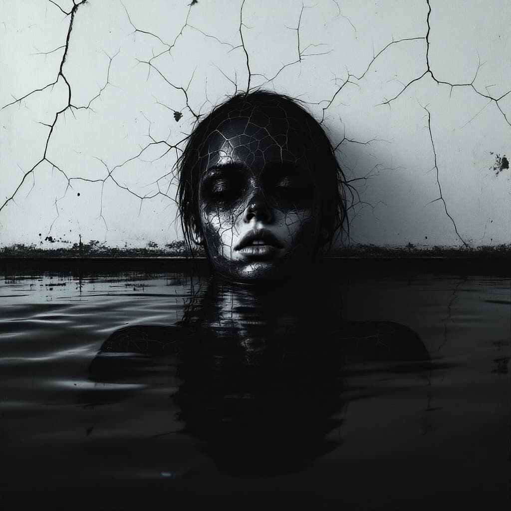 AI generated: 360 panorama view of a lake with black water. There is a girl floating on the water. The head of the...