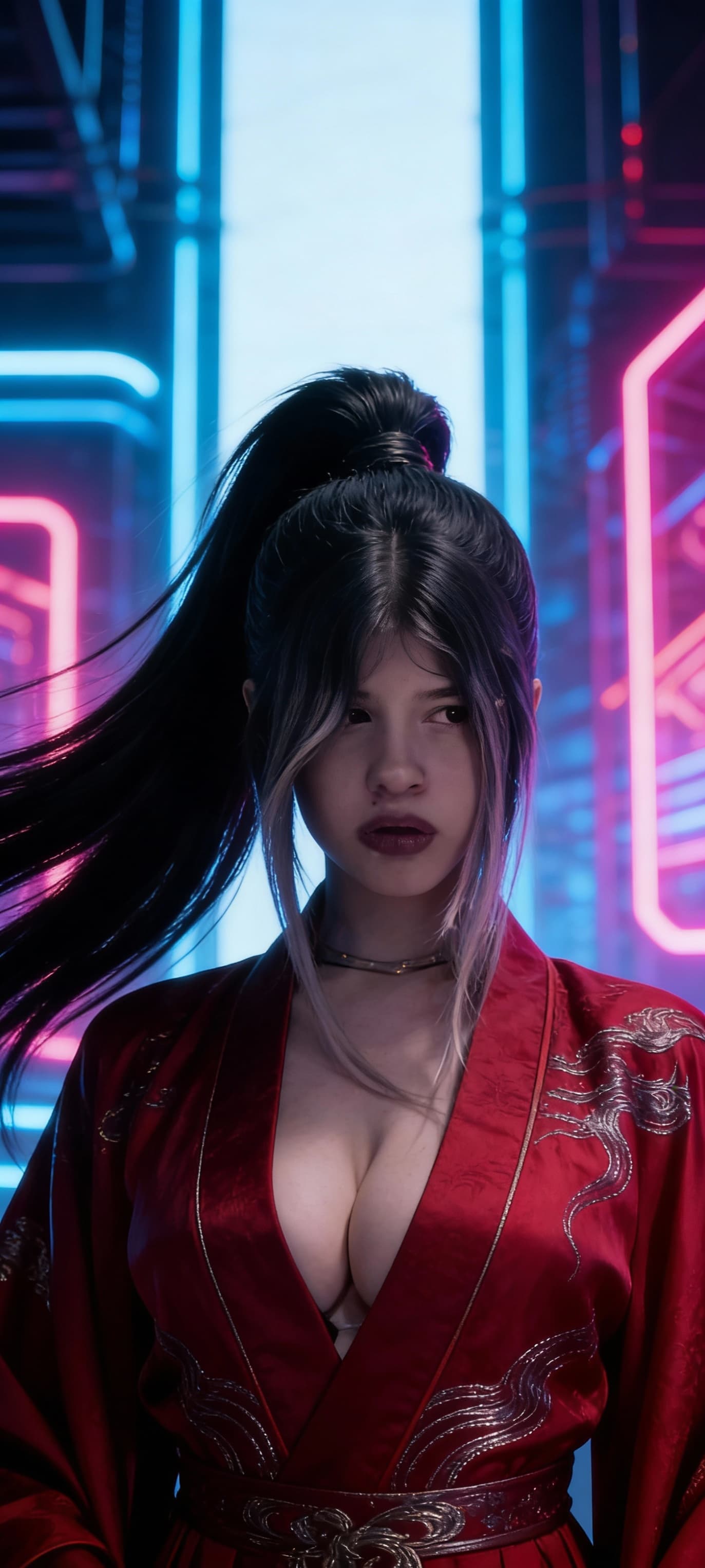 AI generated: A commanding, seductive young empress stands at the center, her long obsidian hair styled in a high,...