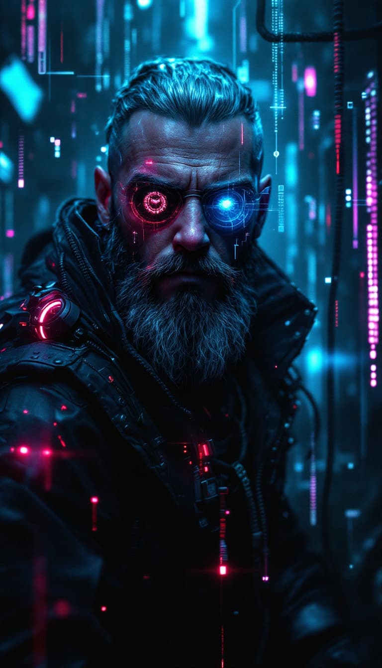 AI generated: Portrait of a futuristic cyberpunk rebel leader, centered, adorned with revolutionary tech, in a hid...