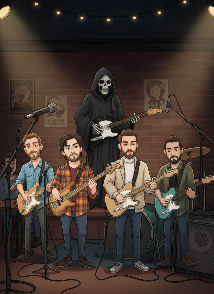 AI generated: Quiero que me hagas a estos 4 personajes juntos. Todos tienes sus instrumentos y la misma expresión....