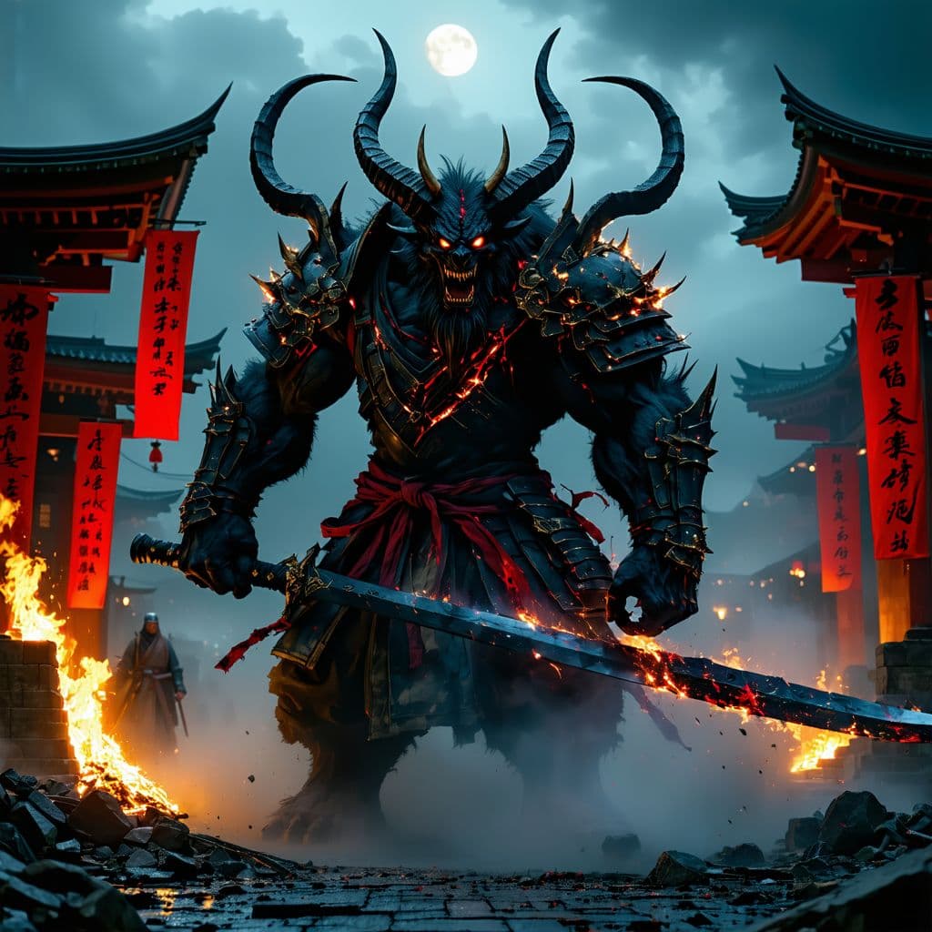 AI generated: "A colossal, armored Oni Warlord emerges from the thick mist of a torii gate, its towering form twic...