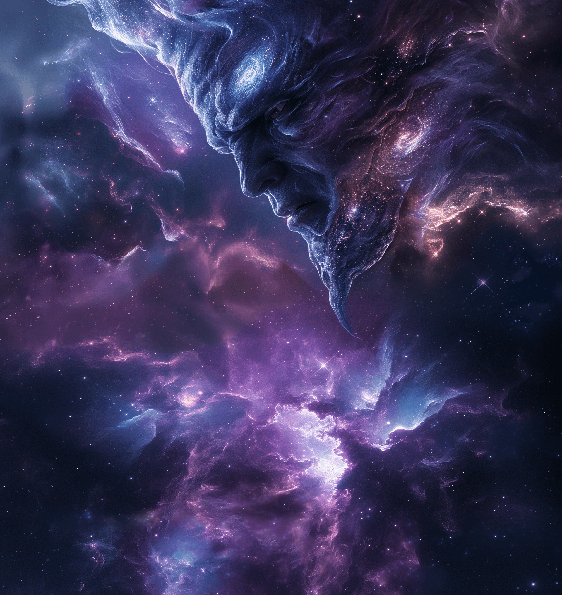 AI generated: Interstellar Void Epic: The Creator, a deity with a galaxy-filled visage, creating celestial bodies ...