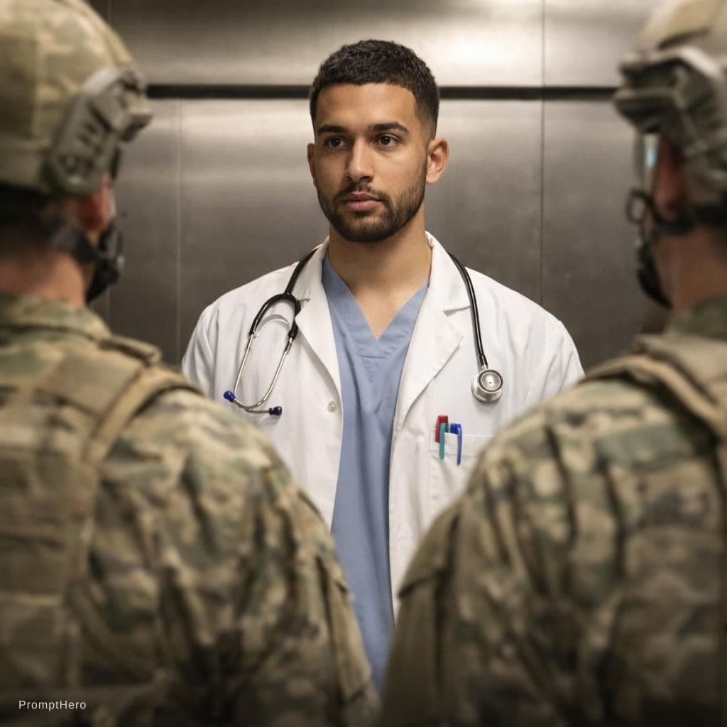 AI generated: In this first image there's a man wearing white, his a doctor facing the three solders, the man shou...
