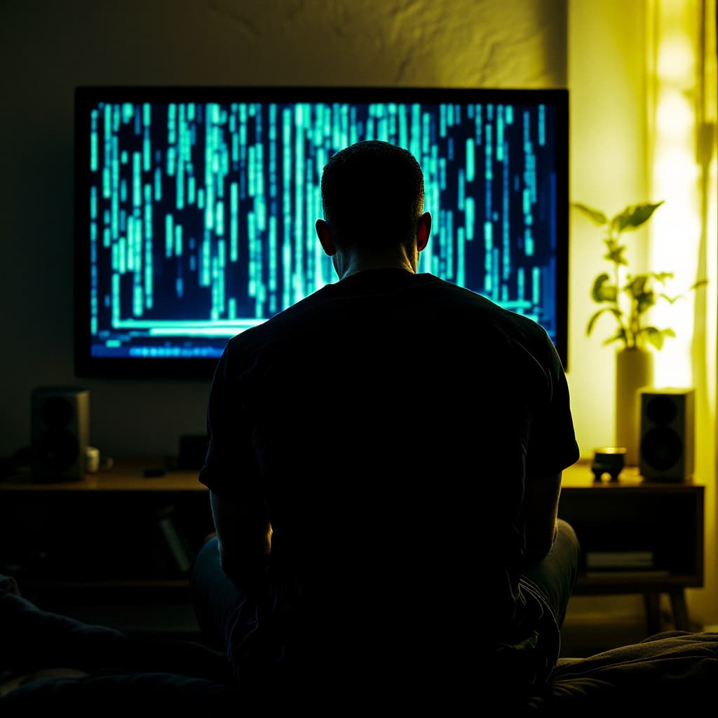 AI generated: A Matrix character wearing sangliers du vexin vtt club jersey watching you as he plays the playstati...