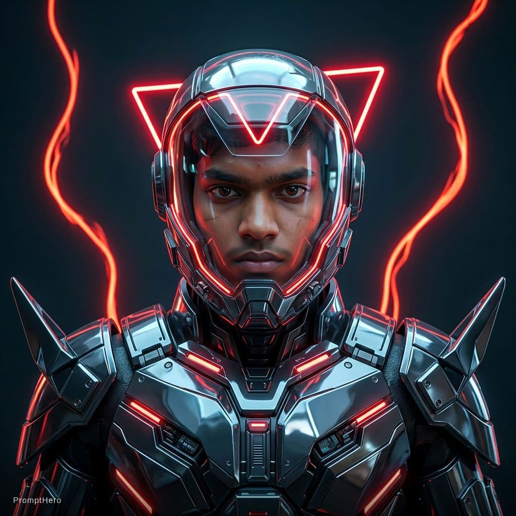 AI generated:  futuristic cyborg boy featuring a captivating reflective cybernetic helmet adorned with glowing tri...