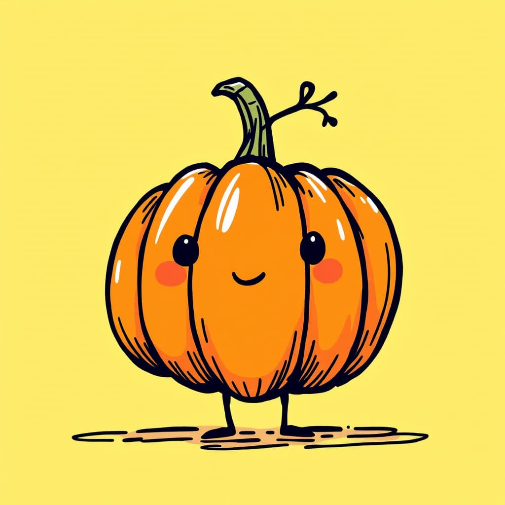AI generated: A cute cartoon pumpkin, full body, yellow background, Keith Haring style doodle, sharpie illustratio...