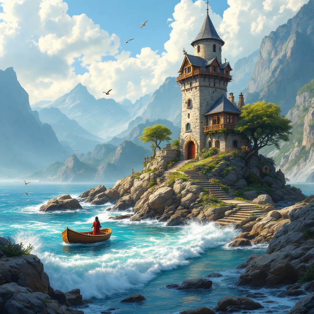AI generated: High resolution photography of a sunny bay landscape with a rocky island washed by waves where is bu...