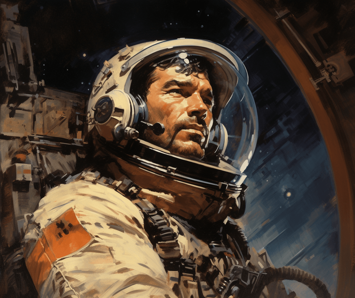AI generated: 1970s science fiction book illustration of an astronaut in a space suit on board in the style of Joh...