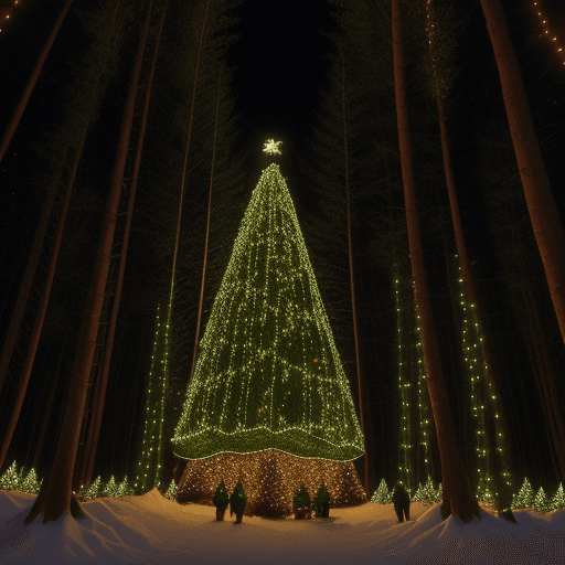 AI generated: evening forest, hundreds Christmas trees, lights, on all the trees, people hanging christmas decorat...