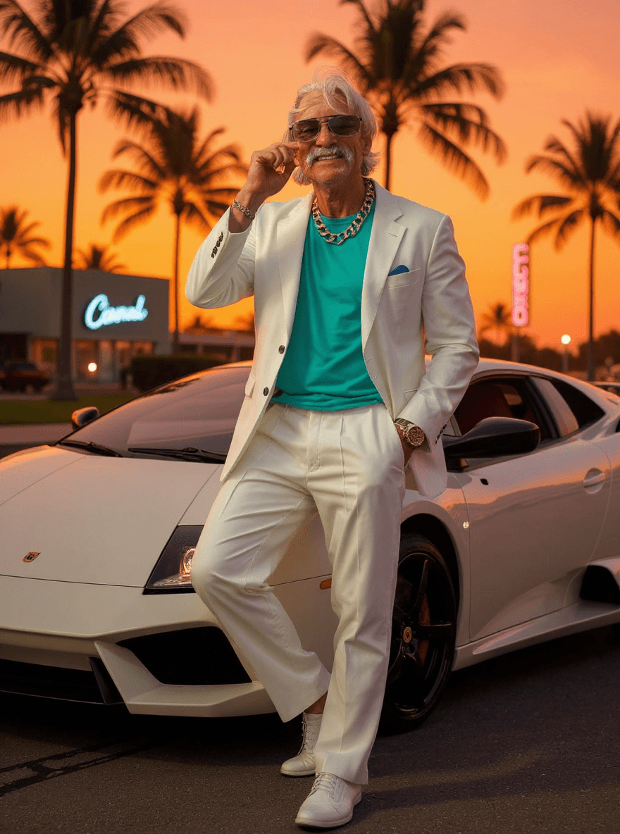 AI generated: Subject: A charismatic late-30's man. Clothing: WHITES linen blazer (sleeves rolled up) , turquoise ...