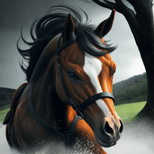 AI generated: eye of a fearful horse, side-view, galloping in a storm, trees in background