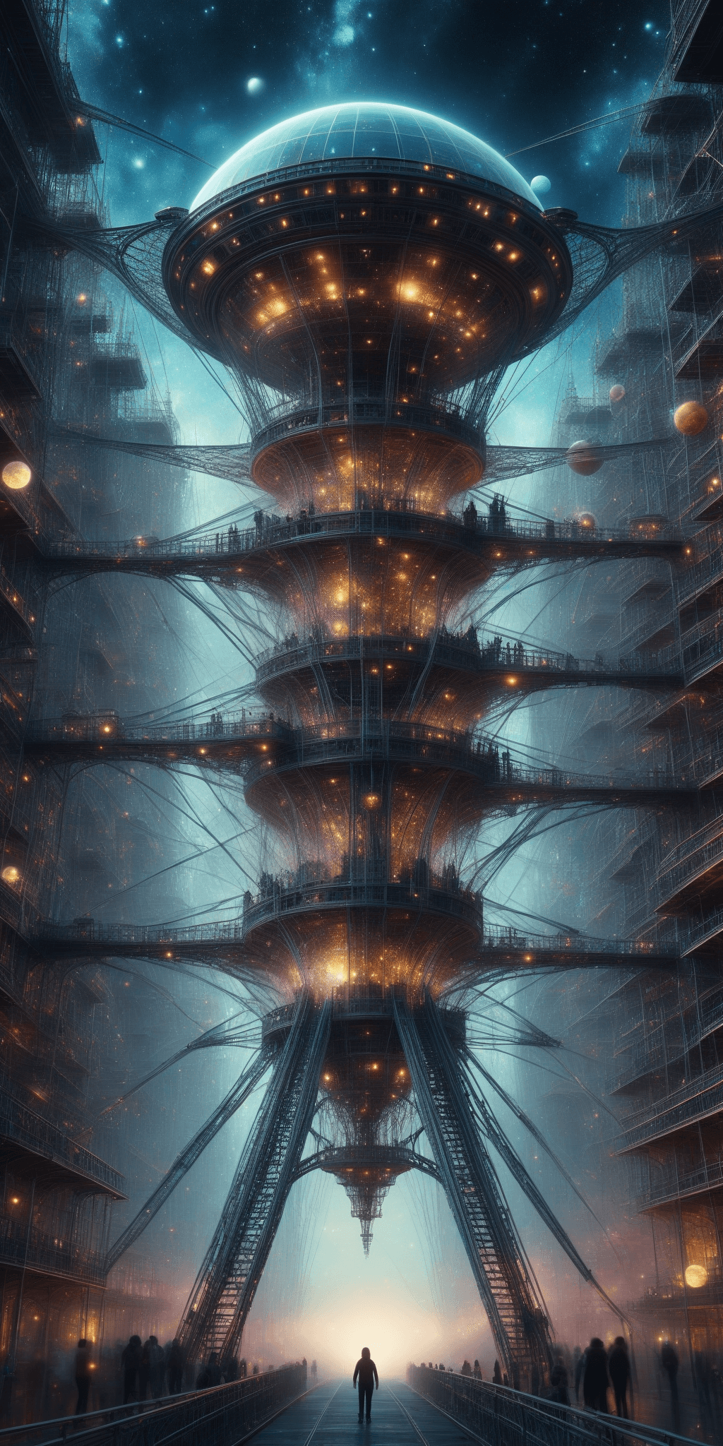 AI generated: Extraterrestrial spacecruiser made of ebru colored scaffolding, in a fantasy fantastic universe of d...