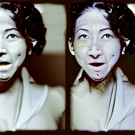 AI generated: two images of a woman with a mouth outward and a scary grin, in the style of experimental cinematogr...