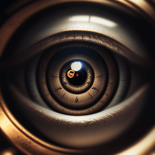 AI generated: extremely realistic, steampunk eye, full view of eye, blurry middle background, ornamental, macro sh...