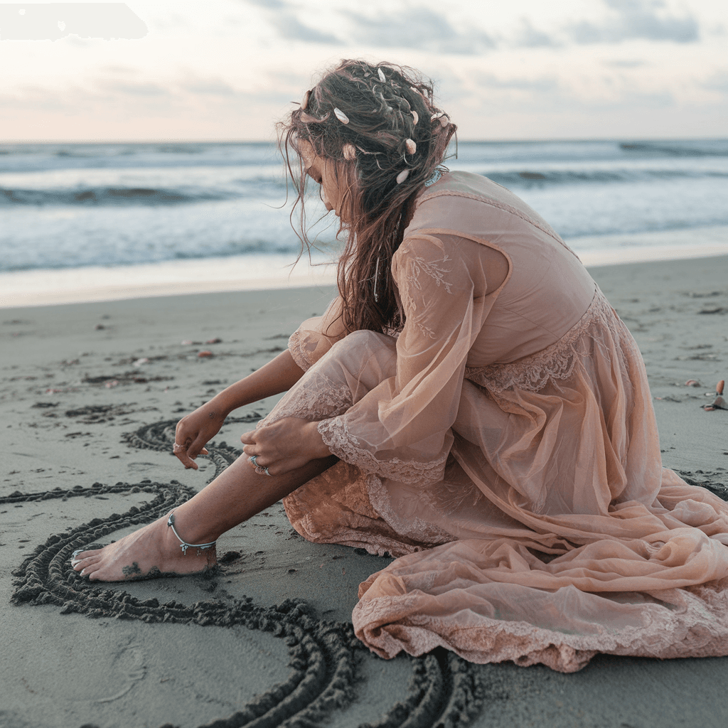 AI generated: a woman sitting cross-legged in the sand on a beach, tracing patterns with her fingers, as waves cra...