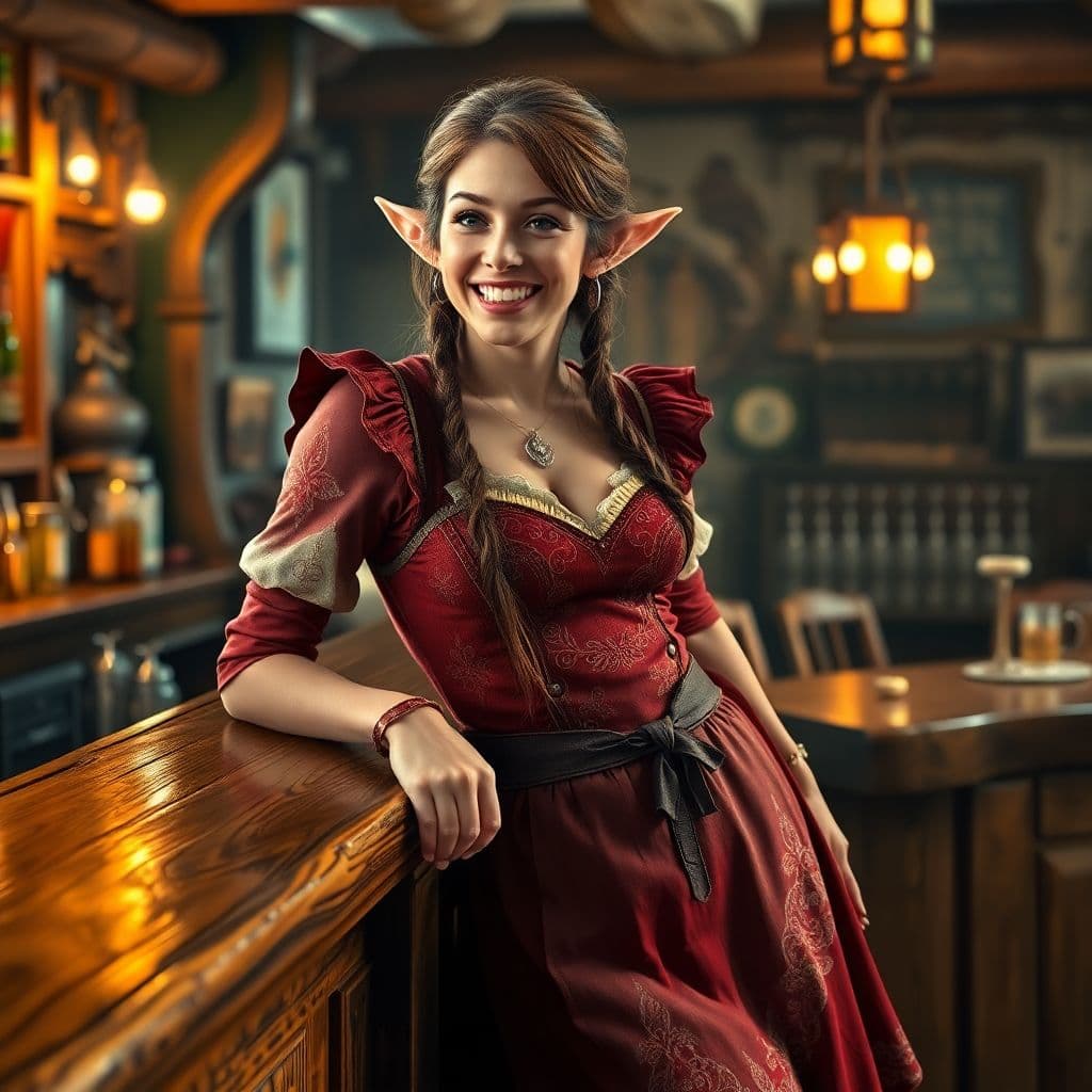 AI generated: close up of a photorealistic photography [full-body shot] of a fantasy-style [Sylvara - Tavern Elf B...