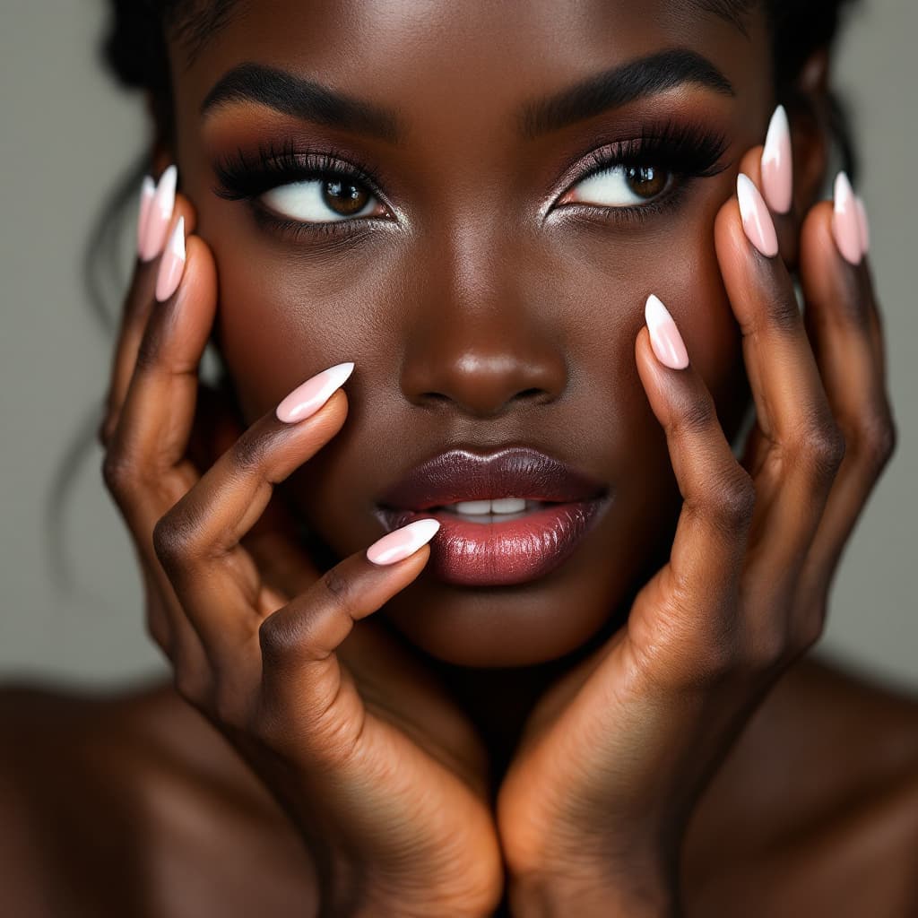 AI generated: A black woman with French tips on her fingers and toes