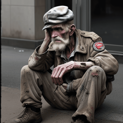 AI generated: weather worn dirty old war veteran, homeless and living on the streets, 