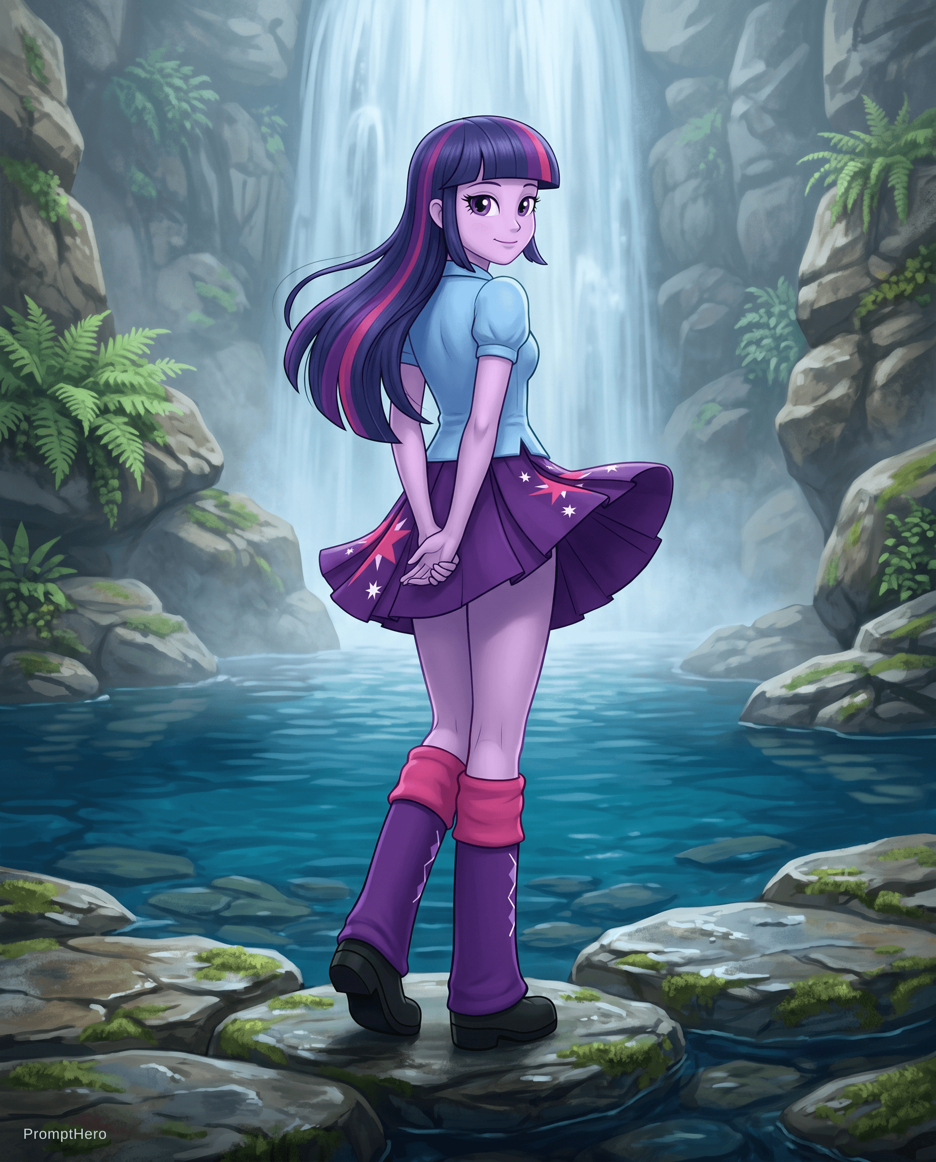 AI generated: Create a Twilight Sparkle character (with the exact same outfit as the picture) standing relaxed in ...