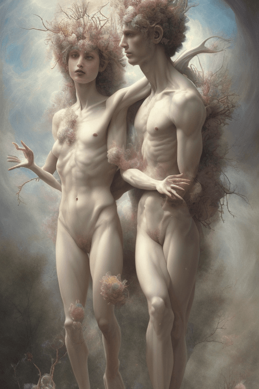 AI generated: raytraced render and digital painting of humans transforming into ethereal modest biological gods we...