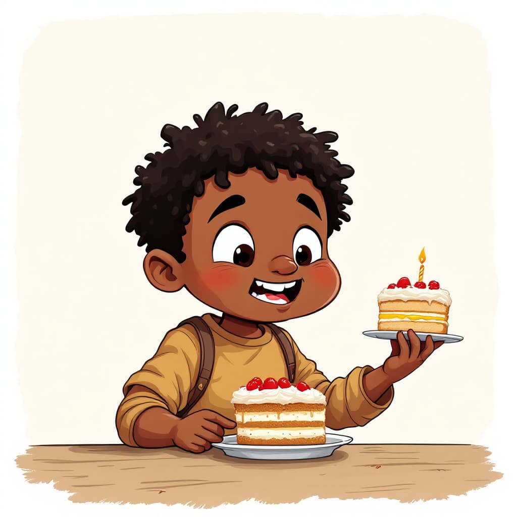 AI generated: a cartoon of black fat kid eating cake and two cakes in hand, 