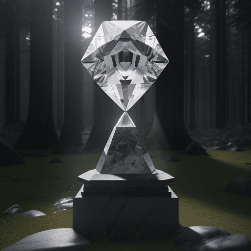 AI generated: a large cut transparent diamond lies on a stone pedestal surrounded by a forest against the backgrou...