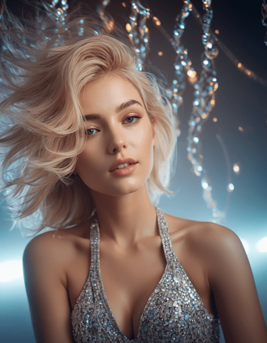 AI generated: studio lighting, bokeh, light fog around, blond woman floating in the air, messy short hair, small b...