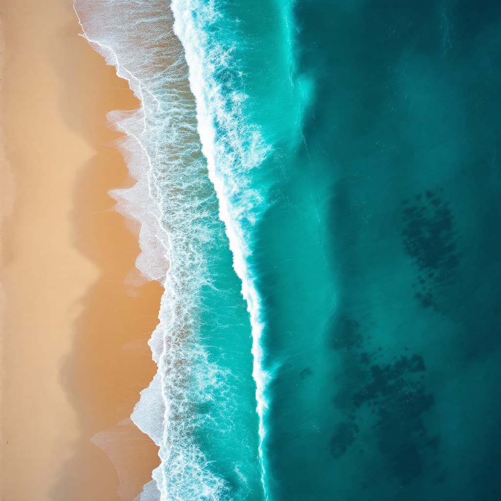 AI generated: A bird's eye view from above a sand beach  looking out over the sea, beautiful aqua marine shades of...