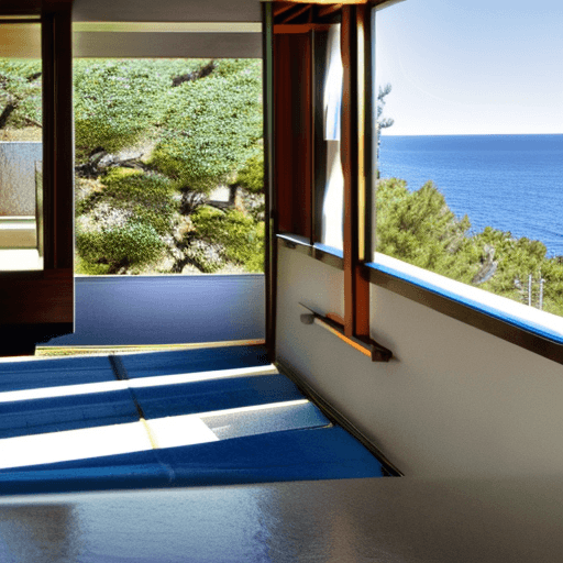 AI generated: Hyper realistic eye level exterior photo of a mid century modern style house overlooking the ocean, ...