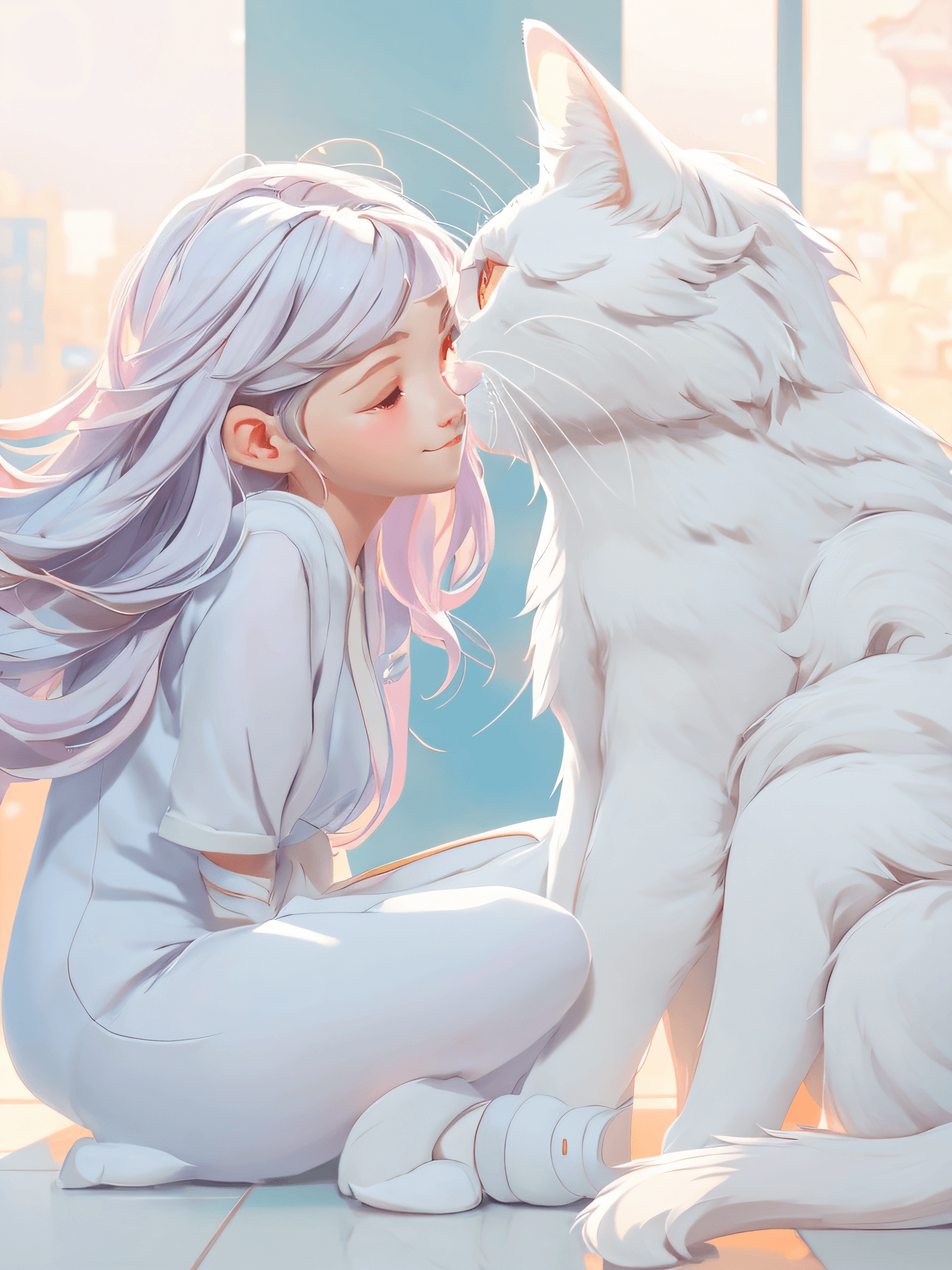 AI generated: there is a woman sitting on the floor with a cat, adorable digital painting, very beautiful cute cat...