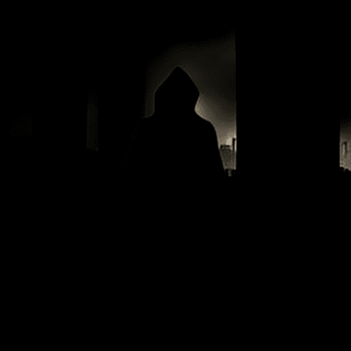 AI generated: Ruined post-apocalyptic city. Hooded person from the back. Rain, evening