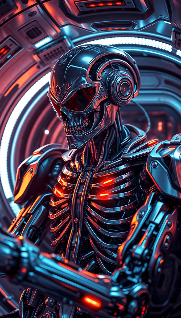 AI generated: Ultra-detailed cyborg in a spaceship, with anthropomorphic cybernetic skeleton elements on metal arm...