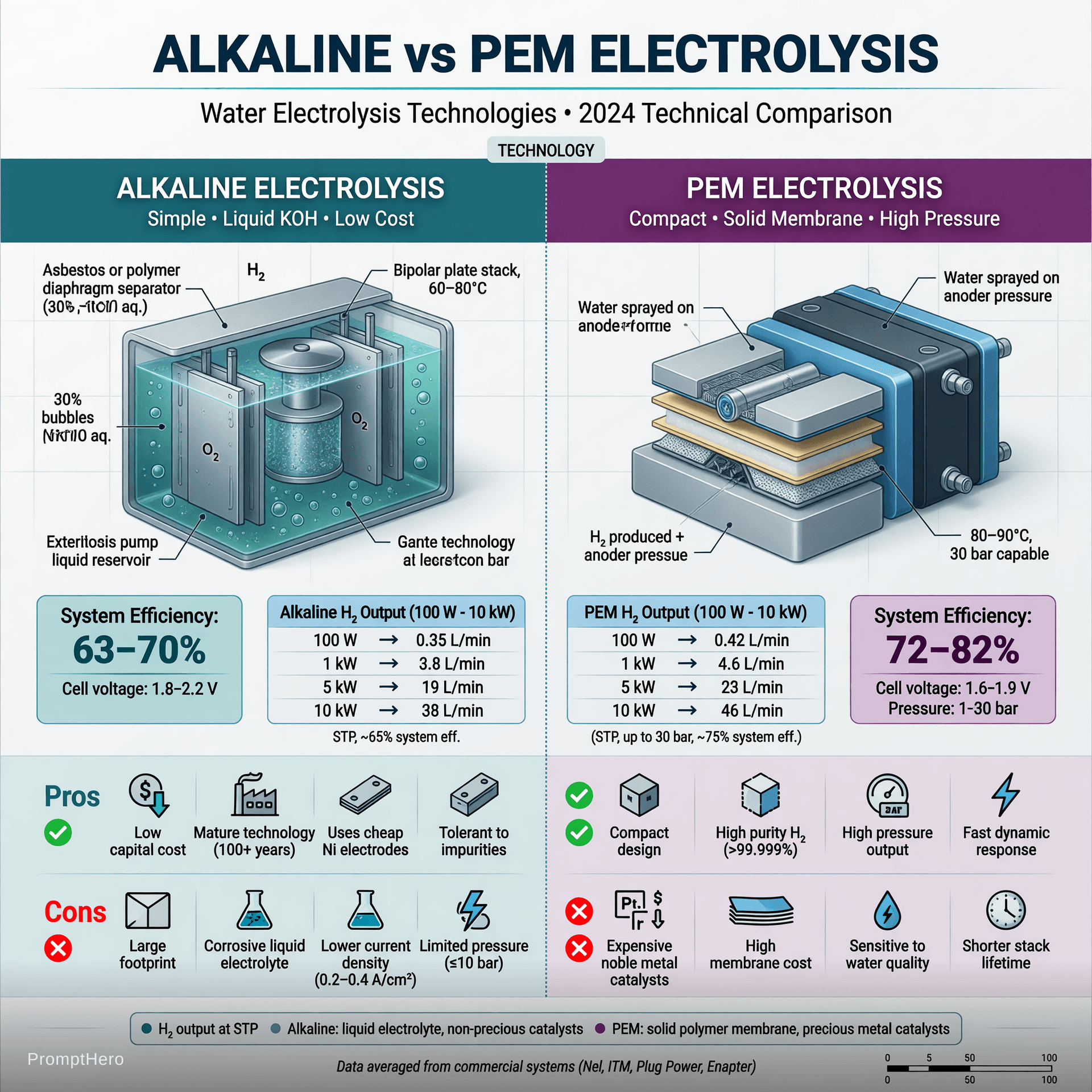 AI generated: Clean professional technical comparison chart illustration of Alkaline vs PEM Electrolysis, engineer...