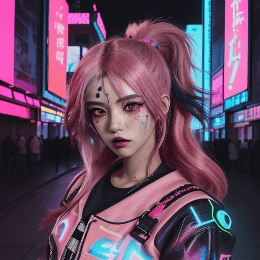 AI generated: An exquisite anime-style portrait of a vibrant and edgy cyberpunk waifu. The background is a strikin...