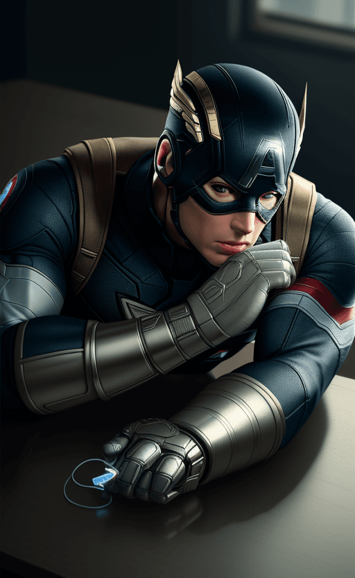 AI generated: earphone on the table with the design and character of captain america The earphone is gold and whit...