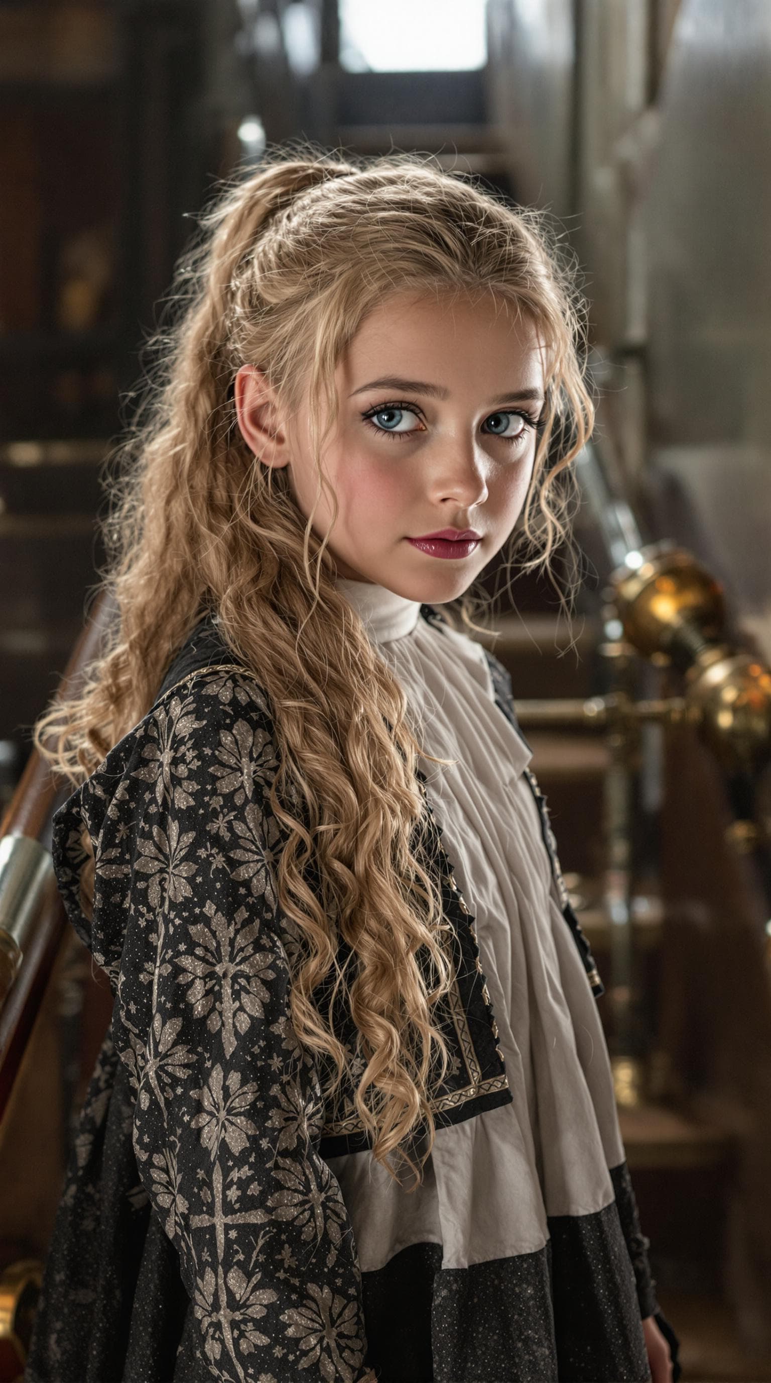 AI generated: a professional photo of a exceptionally beautiful girl aboard the Royal Mail Ship Titanic (age 7), (...