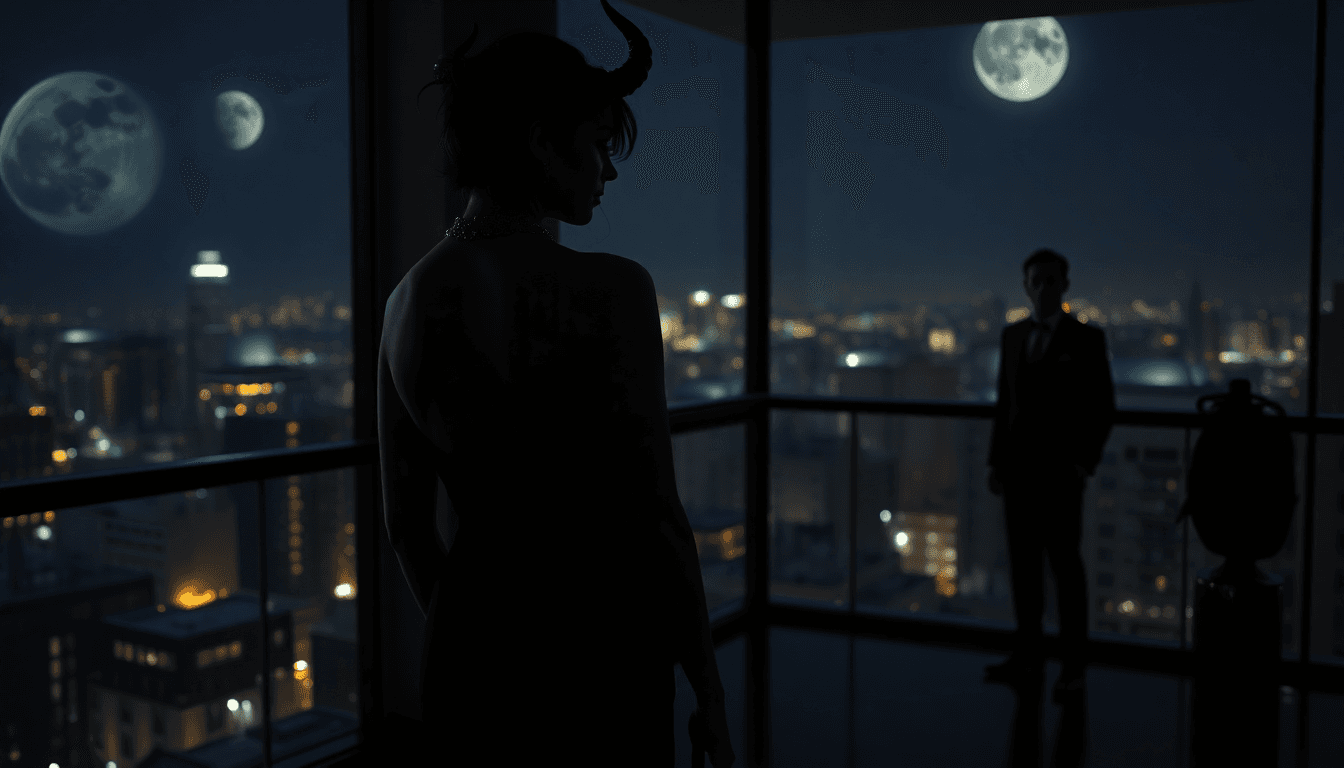 AI generated: Elegant penthouse interior at night. Lilith stands with her back to camera, silhouetted against floo...