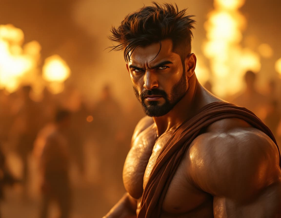 AI generated: a light-skinned, muscular, Bollywood superstar protagonist, you can imagine:

Camera and Lens: Use a...