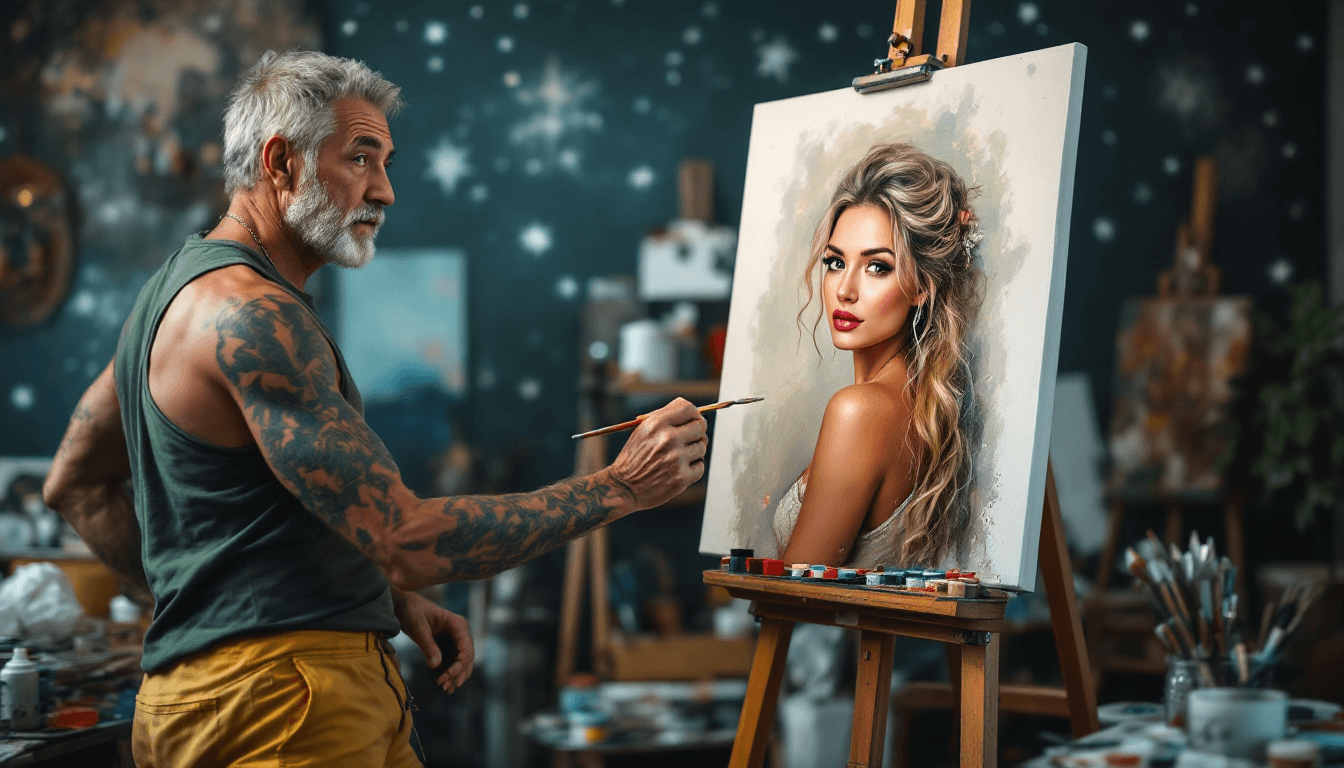 AI generated: A stunning high quality photo of a beautiful and gorgeous 55 year man with tattoos on his arms and g...