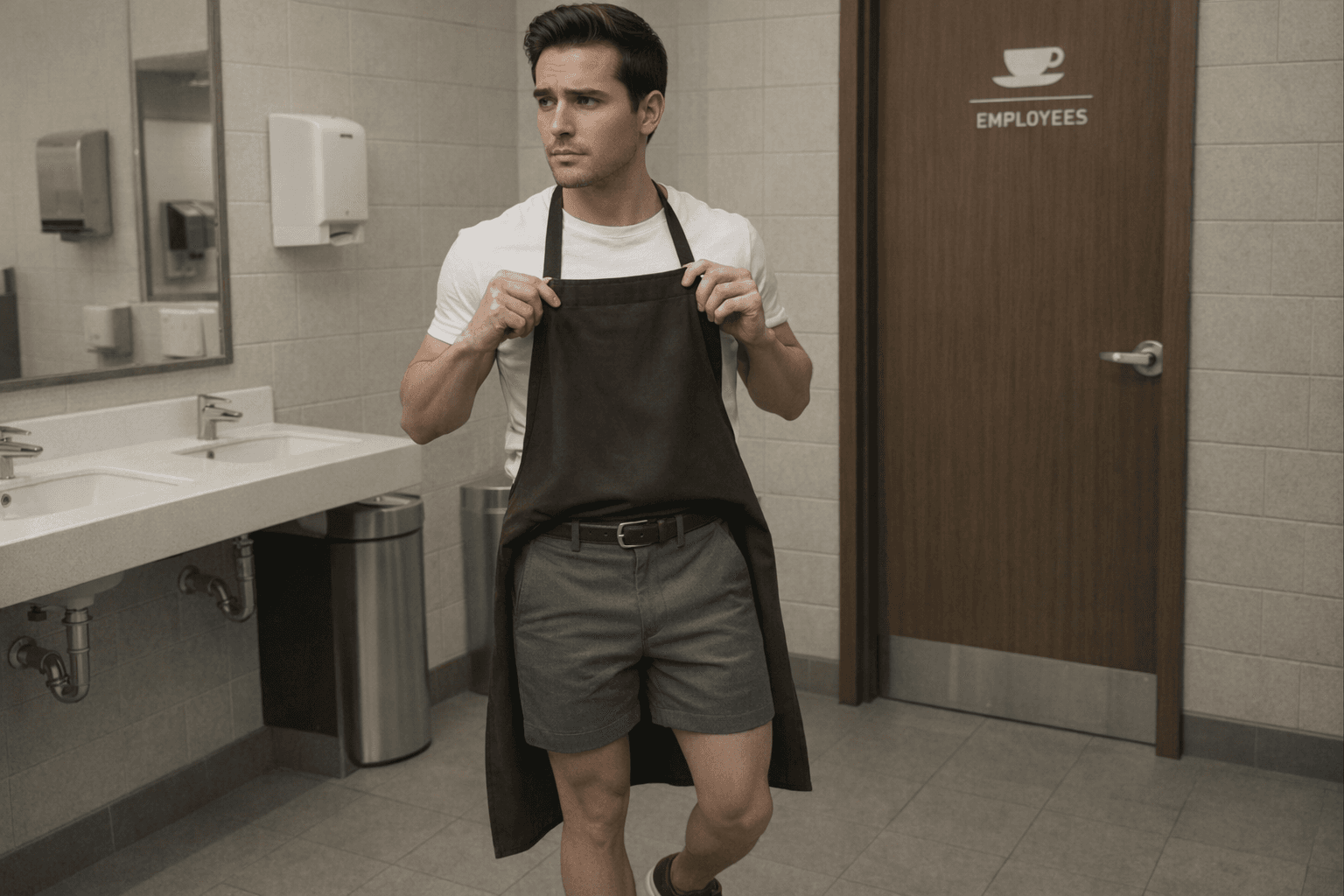 AI generated: The model is at a employees coffee shop restroom. The model is standing while holding a dark brown a...