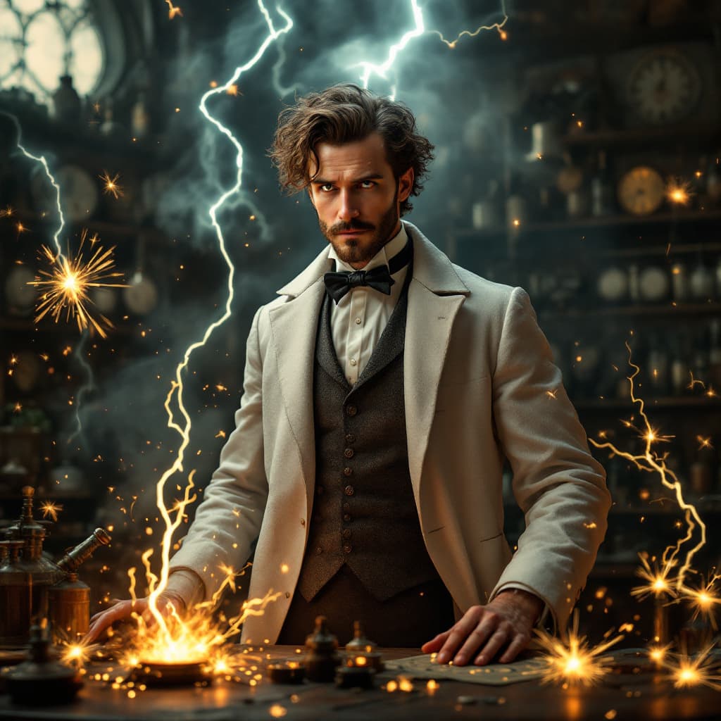 AI generated: a attractive young mad scientist in 1910 in his lab with a time machine, lightning and sparks are ev...