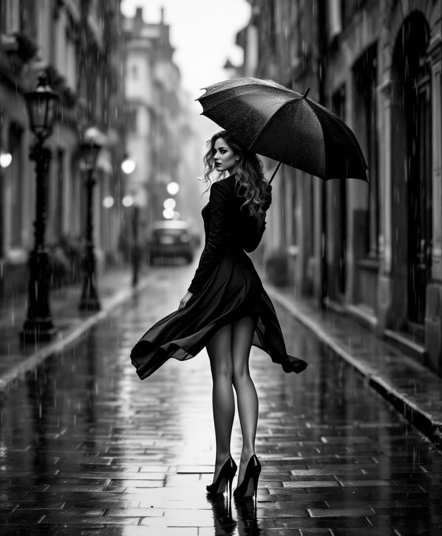 AI generated: Rain cascades down the cobblestone streets, creating a reflective surface that enhances the atmosphe...
